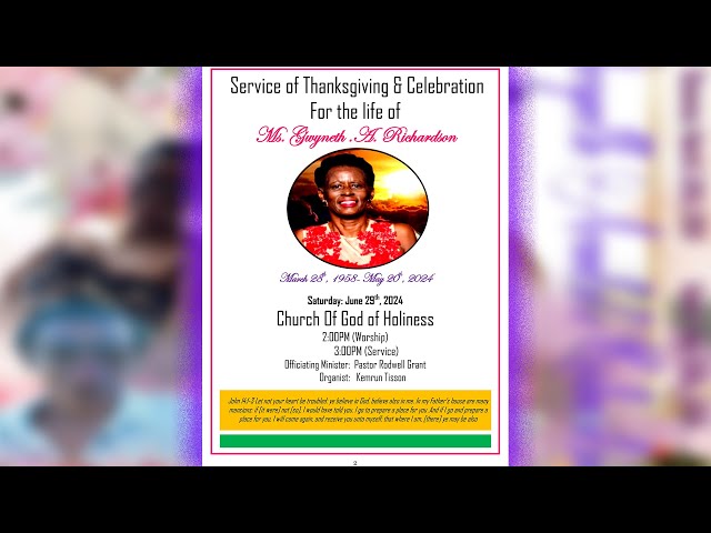 Service of Thanksgiving & Celebration for The Life of Ms Gwyneth A Richardson