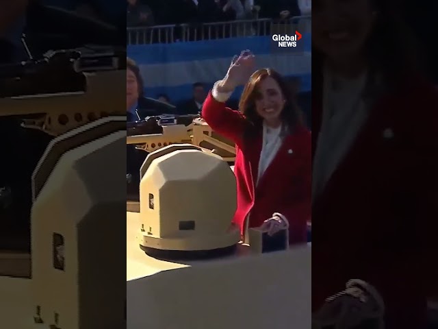 ⁣Javier Milei rides in tank at Argentina's independence day parade