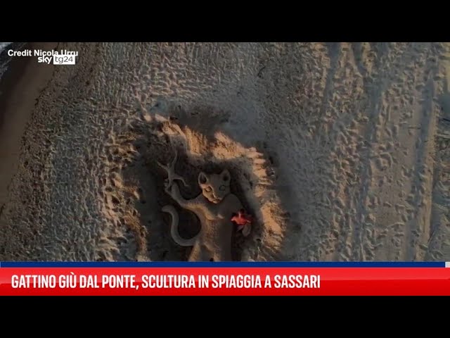 ⁣Gattino giù dal ponte, scultura in spiaggia a Sassari