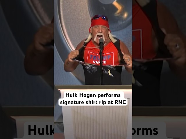 ⁣Hulk Hogan performed his signature shirt trip while calling Donald Trump a “gladiator” at RNC