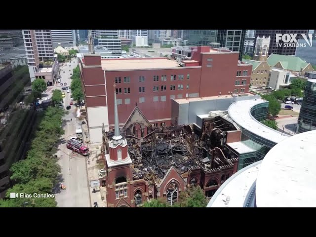 ⁣Drone video shows fire damage at First Baptist Dallas