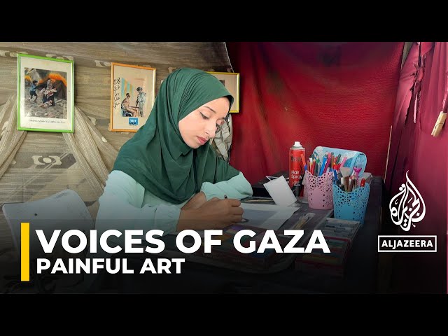 Gaza artist displaced by war uses improvised tools to depict Palestinian suffering and destruction