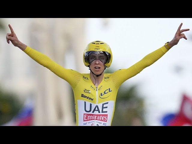 ⁣Tadej Pogacar celebrates historic Tour de France win