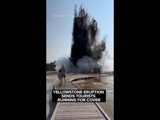 ⁣Tourists run for safety after surprise eruption in Yellowstone