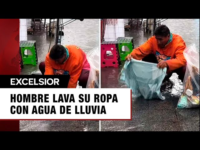 ⁣¿Llegó el Día Cero? Hombre lava su ropa con agua de lluvia en calles de CDMX