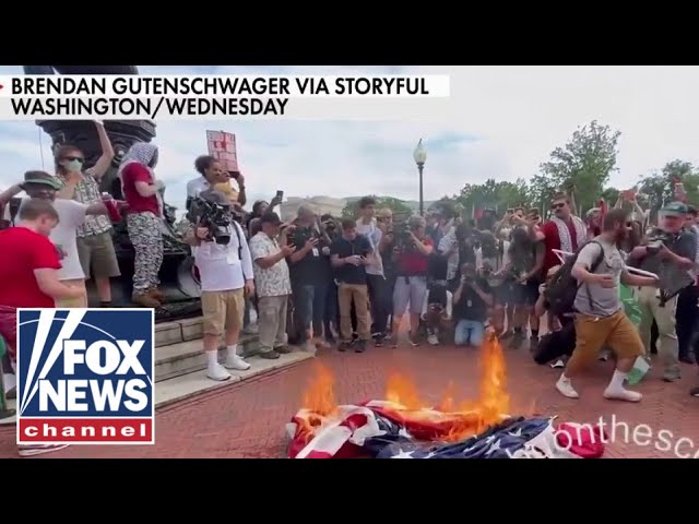 ⁣Pro-Hamas protesters rage in DC, burn American flag