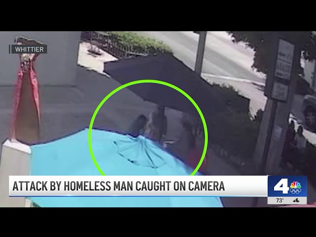 ⁣Video shows homeless man attacking ederly man outside Whittier restaurant