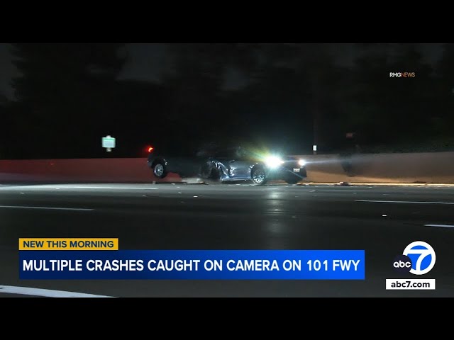 ⁣Back-to-back car crashes caught on video on 101 Fwy
