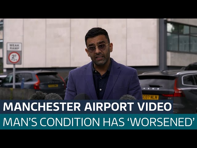 ⁣Man kicked by police officer at Manchester Airport has cyst on his brain, says lawyer | ITV News