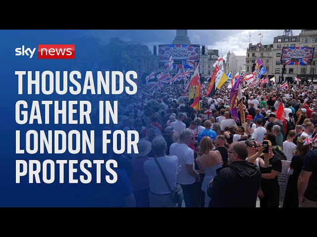 ⁣Crowds gather in London for rival protests led by Tommy Robinson and Jeremy Corbyn