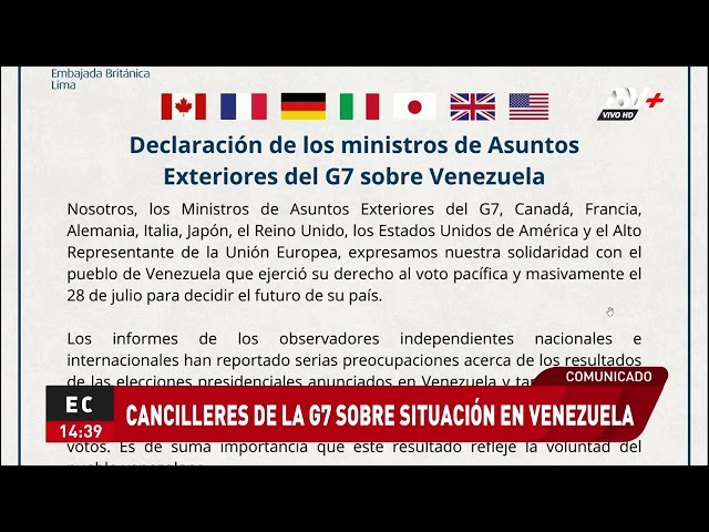 Cancilleres de la G7 expresan su preocupación por los resultados de las elecciones en Venezuela