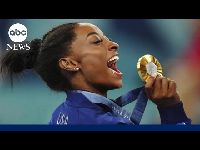 ⁣Simone Biles wins gold in women's gymnastics all-around, Suni Lee takes bronze