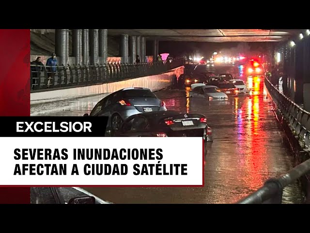 Inundaciones y vehículos varados dejan intensas lluvias en Cd. Satélite, Naucalpan