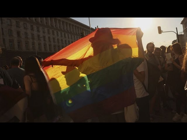 ⁣Protesters rally outside Bulgaria parliament to denounce ban on LGBTQ+ 'propaganda' in sch