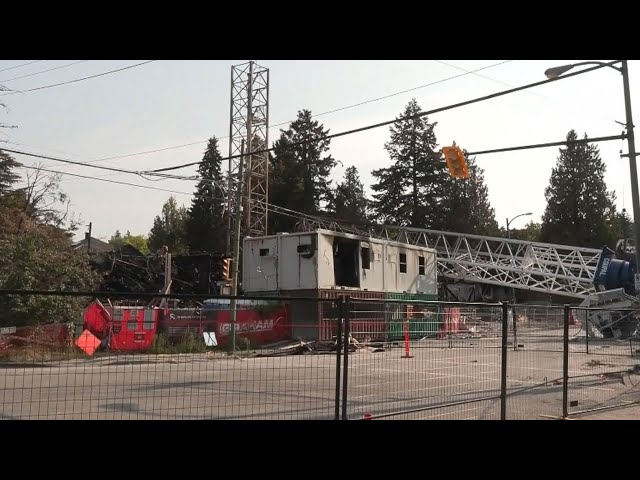 ⁣Cleanup from fire, collapsed crane in B.C. expected to take weeks