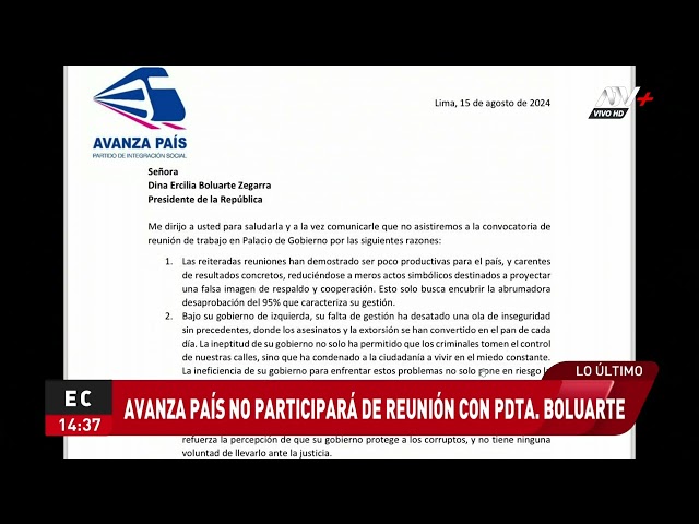 Avanza País revela que que no participará de reunión con la presidenta Boluarte