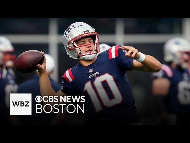 ⁣Patriots' QB Drake Maye reacts to touchdown run, extending playing time vs. Eagles