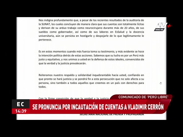 Perú Libre sobre incautación de cuentas de Vladimir Cerrón: “Sufre una clara persecución política”