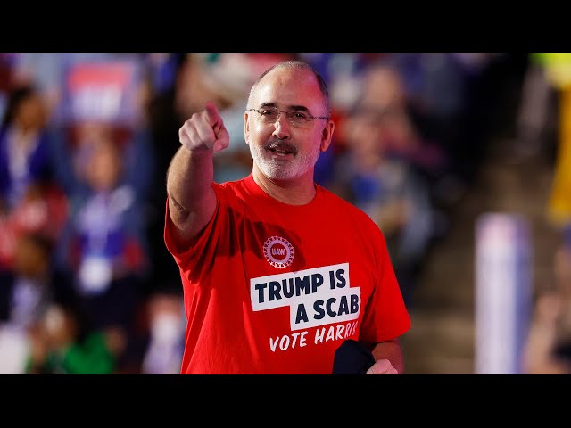 ⁣UAW president wears "Trump is a scab" shirt at DNC, prompts chants