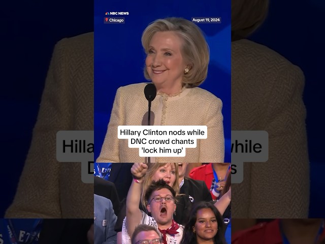 ⁣Hillary Clinton nods while DNC crowd chants 'lock him up'