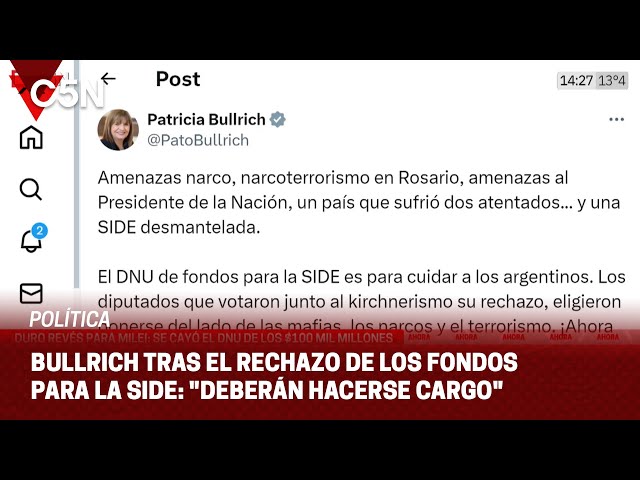 ⁣BULLRICH, contra el PRO tras el rechazo a los fondos para la SIDE