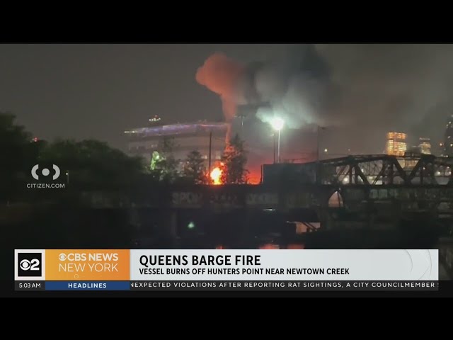 ⁣FDNY battles fire on Queens barge