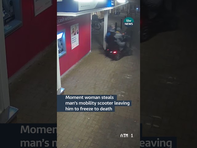 ⁣Moment woman steals man's mobility scooter leaving him to freeze to death | ITV News