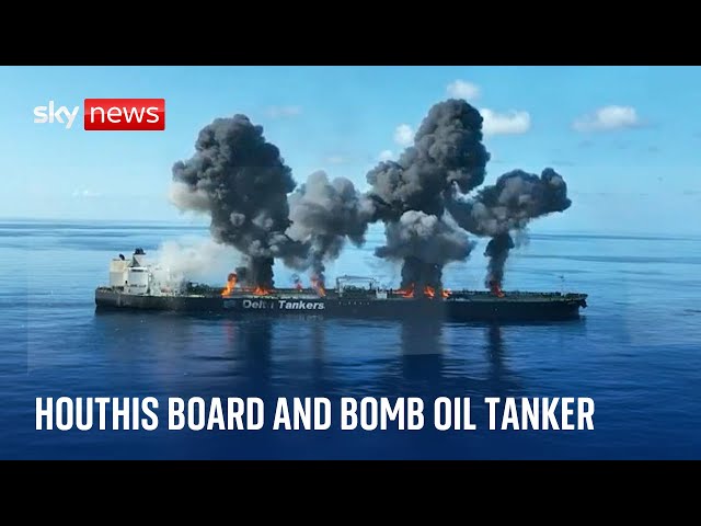 ⁣Houthi rebels release footage of oil tanker being bombed | Middle East tensions