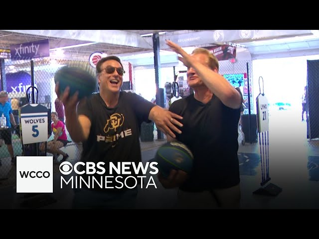 ⁣WCCO anchors test out their hoop skills at Fan Central