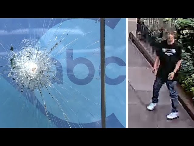 ⁣Large rock thrown at ABC7 Chicago studio window during newscast