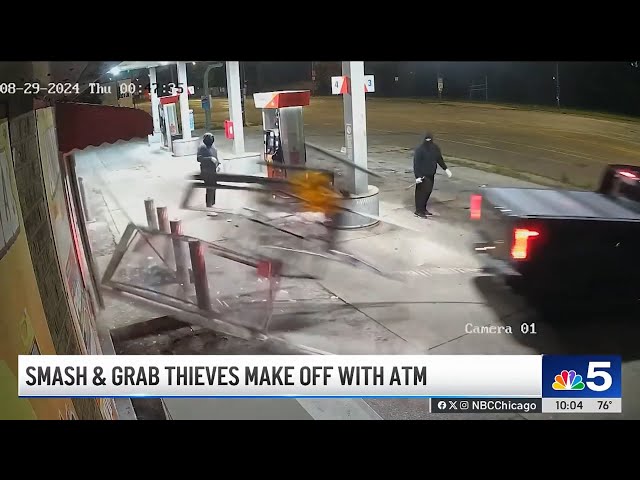 ⁣Surveillance video shows burglars using chain attached to pickup truck to break into Chicago gas...