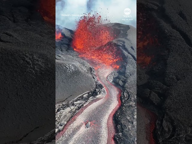 ⁣Drone captures volcanic eruption in Iceland