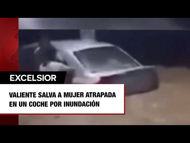 ⁣Valiente salva a mujer atrapada en un coche por inundación