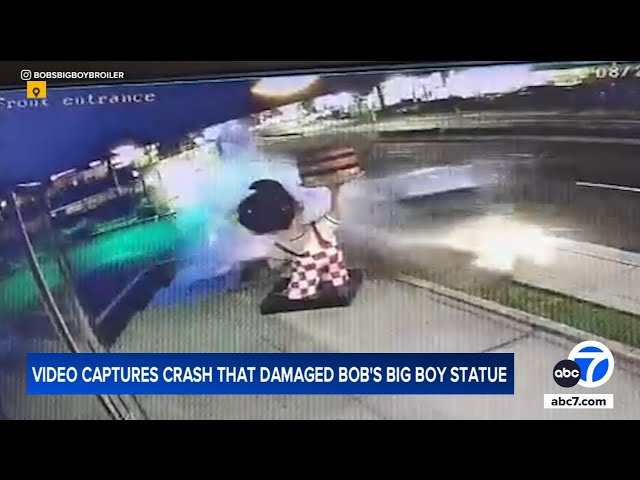 ⁣Wild video shows crash that damaged Bob's Big Boy statue in Downey