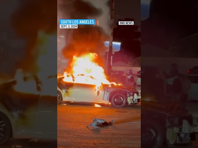 ⁣Street takeovers end with cars set on fire in two areas of Los Angeles