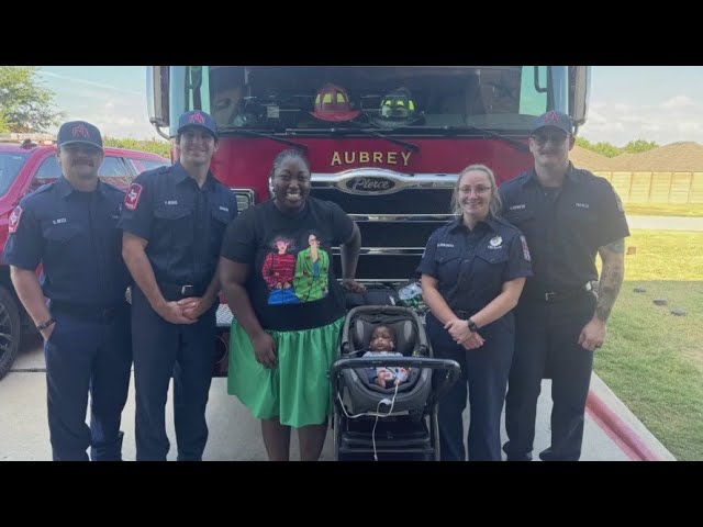 ⁣Mom reunites with Aubrey firefighters who helped deliver her premature baby