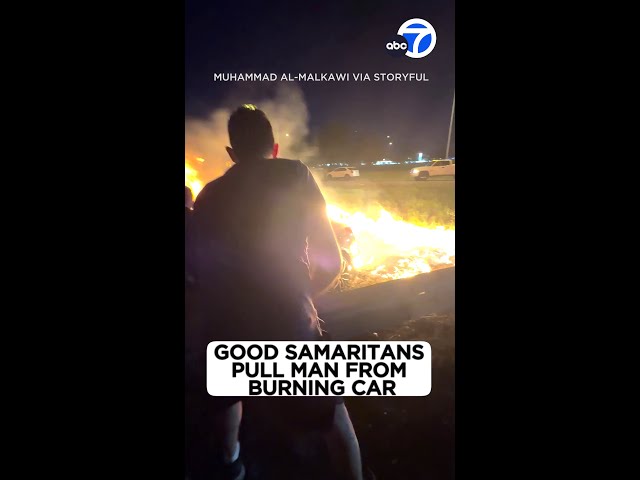 ⁣Good Samaritans pull man from burning car