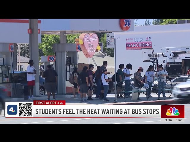 ⁣Students in Northridge wait for bus outside amid dangerous heat