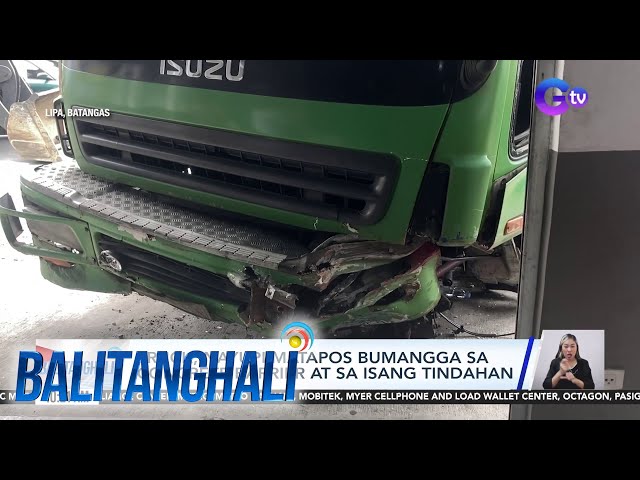 ⁣Truck, nayupi matapos bumangga sa concrete barrier at sa isang tindahan | Balitanghali