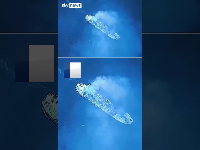 ⁣New drone footage of burning tanker