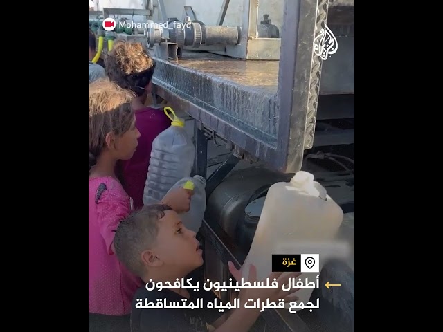 ⁣أطفال يكافحون لجمع قطرات المياه المتساقطة في غزة