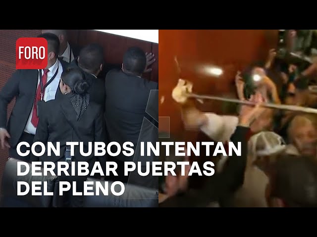 ⁣Manifestantes buscan derribar puertas del Pleno del Senado con tubos - Las Noticias