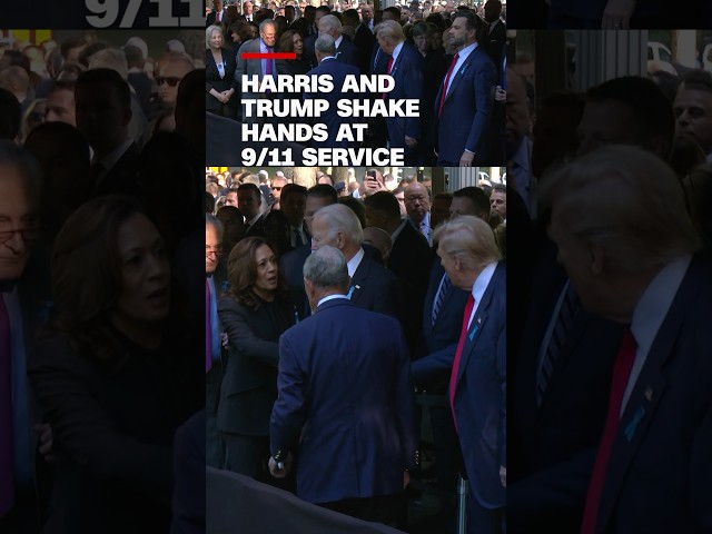 ⁣Harris and Trump shake hands at 9/11 service