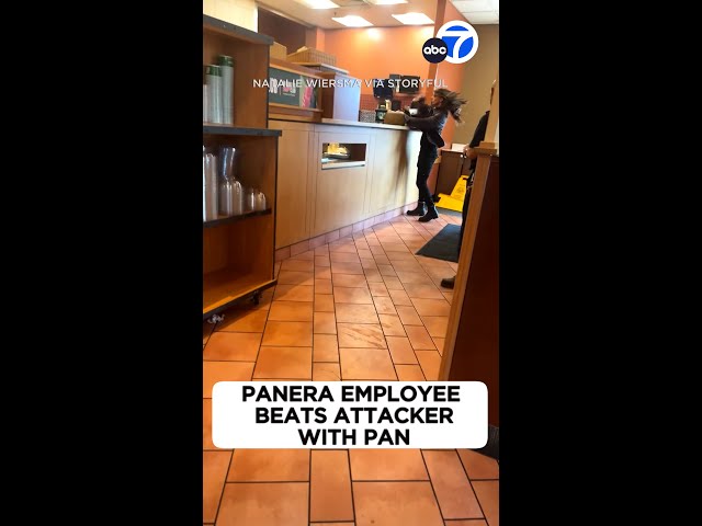 ⁣'Hero' employee hits attacker with pan during fight at Panera | Video