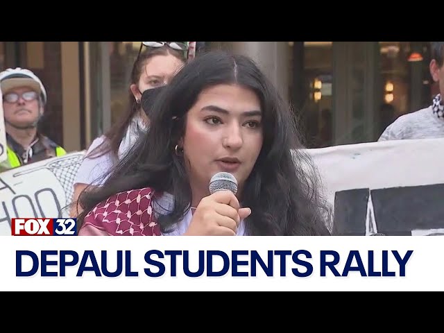 ⁣DePaul students rally over dismissal of security guard supporting Palestinian students