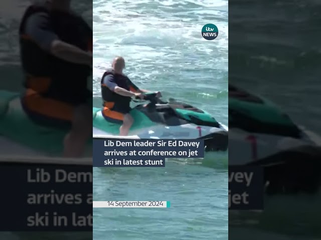 ⁣Lib Dem leader Sir Ed Davey arrives at conference on jet ski in latest stunt #itvnews