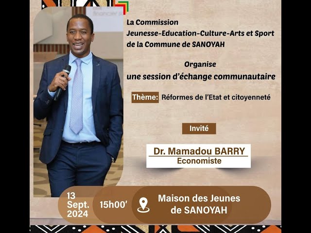 ⁣Maison des jeunes de Sanoyah: conférence du Dr Mamadou Barry, Directeur national adjoint du budget