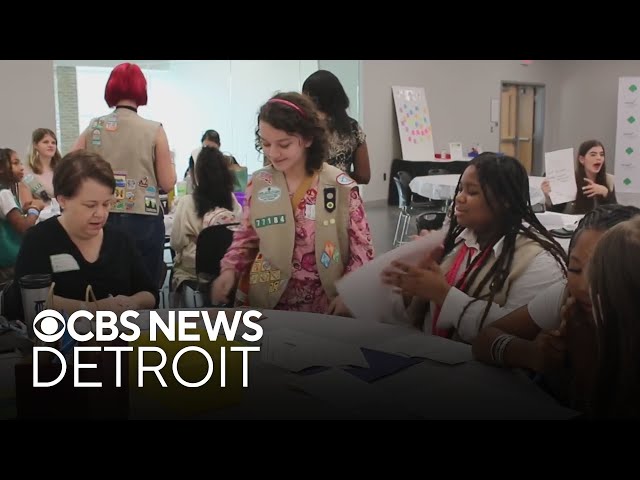 ⁣Girl Scouts learning leadership from Michigan leaders