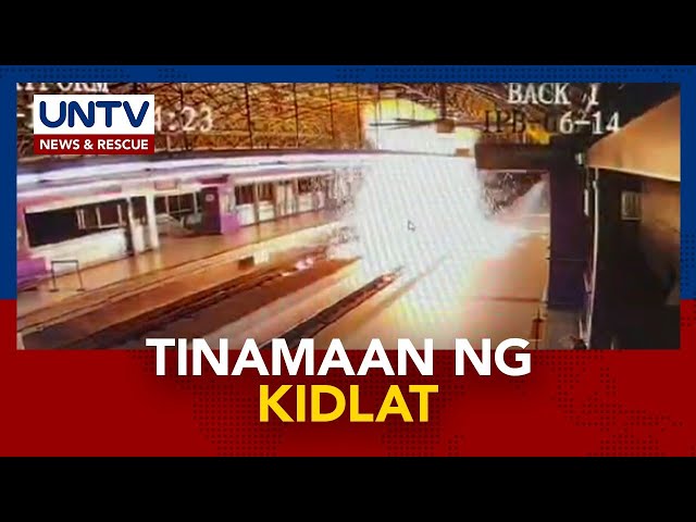 ⁣Kita sa CCTV ang pagliwanag sa LRT-2 Gilmore Station nang tamaan ng kidlat ang catenary wire