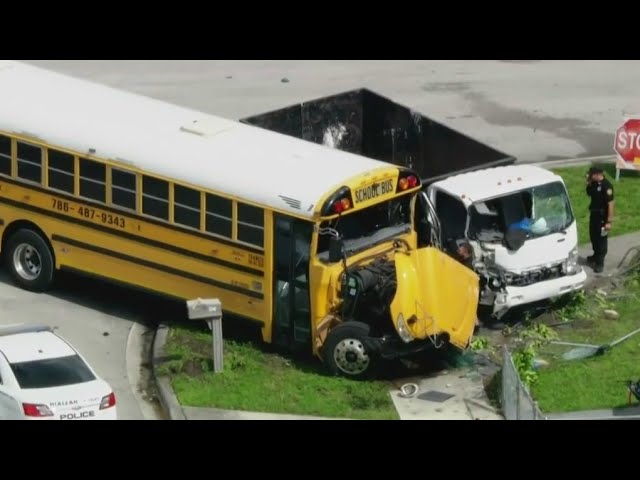 ⁣Several injured after collision between school bus and dump truck in Hialeah